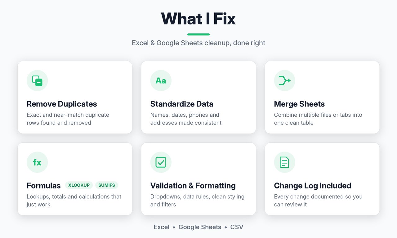 Cleanup services sample: Deduping, standardizing, merging sheets, formulas, and formatting.